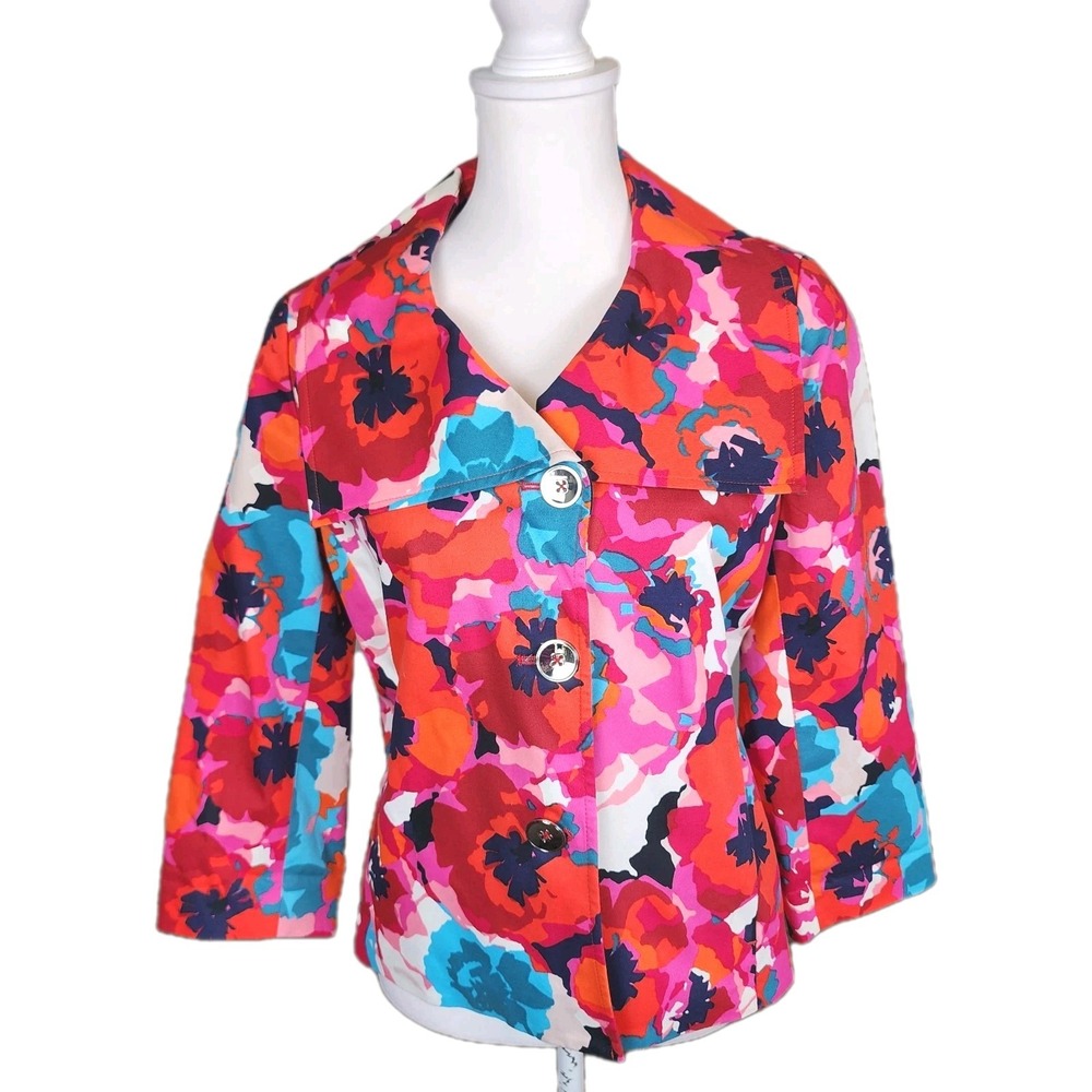 Rafaella Studio Cotton Jacket Blazer Womens Medium Red Pink Bold Floral‎ Casual